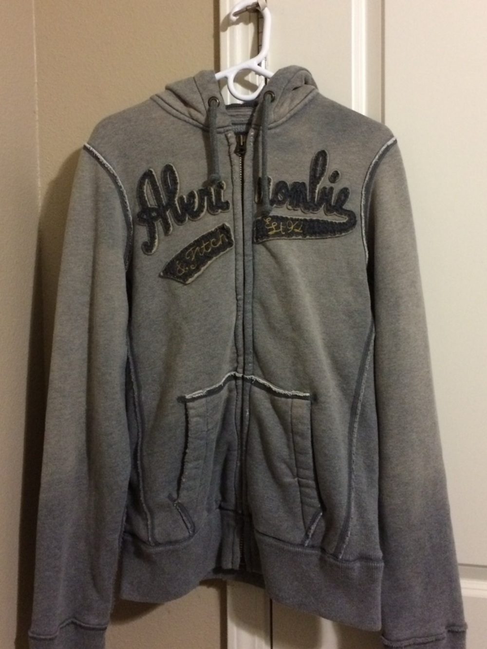 Abercrombie & Fitch Grey Heather Zip Hoodie with Embroidered Patches